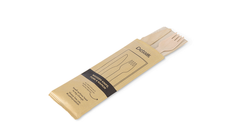 16cm WOODEN CUTLERY FORK, KNIFE & NAPKIN PACK